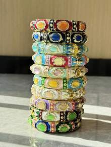 10/7/5/3/1pc Random Color & Style Stackable Geometric Textured Vintage Elegant Luxury Palace Enamel Drip Oil Leaf H Flower Metal Bracelet - Multicolor - View 6