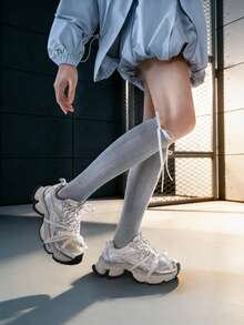Kappa Women's Silver White Functional Mesh Chunky Sneakers, Double Laces Thick Sole Height-Increasing Couple Sports Shoes - Silver - View 2