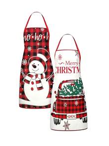 4pcs/2pcs Christmas Plaid Pattern Apron Set, Red Green Buffalo Check Xmas Truck & Reindeer Print Kitchen Cooking Baking Aprons For Holiday Party Decoration - Multicolor - View 13