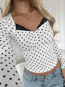 SCARLUX Fall Y2K Women Basic White Polka Dot Long Sleeve Top, Sweetheart Neck Ruched Slim Tee For Back To School Daily Street Outfits - White - View 8