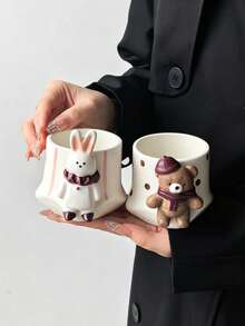 1pc Sunny Garden 3D Bear/Rabbit Hand-Held Mug, Luxury Exquisite Handmade Art Mug, Couple Cup, Creative Design Coffee Cup, Unisex Cup, Fun Cup, Perfect Gift - Multicolor - View 12