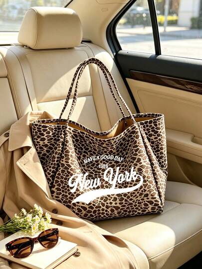 Large Capacity Leopard Print Beach Tote Bag With New York Lettering, Fashionable Shoulder Bag, Leopard Print Makeup Bag Coin Purse, Foldable Handbag, Travel Essential, Ideal For School, Commute, Shopping And Daily Use, Suitable For Women, Teenagers, College Students, Office Workers, Travelers And Beach Lovers, Perfect Gift For Back To School, Graduation, Teacher's Day, Birthday, Multi-Functional, Can Be Used As Beach Bag, Shopping Bag, Underarm Bag, School Bag