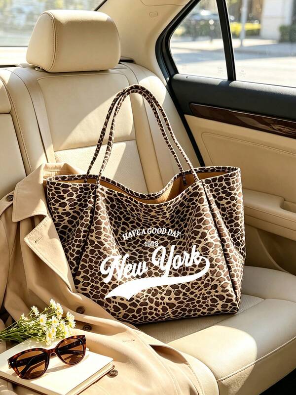 Large Capacity Leopard Print Beach Tote Bag With New York Lettering, Fashionable Shoulder Bag, Leopard Print Makeup Bag Coin Purse, Foldable Handbag, Travel Essential, Ideal For School, Commute, Shopping And Daily Use, Suitable For Women, Teenagers, College Students, Office Workers, Travelers And Beach Lovers, Perfect Gift For Back To School, Graduation, Teacher's Day, Birthday, Multi-Functional, Can Be Used As Beach Bag, Shopping Bag, Underarm Bag, School Bag
