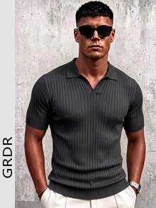 GRDR Men's Summer Knit Polo Shirt, Solid Color Short Sleeve Knit, Suitable For Summer Outings, Essential For Fashionable Outfit - Dark Grey - View 3