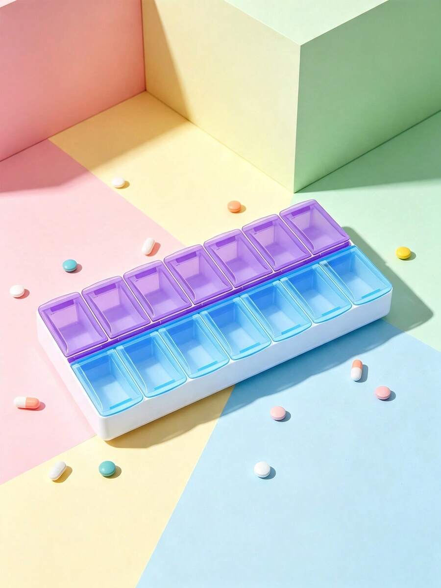 3/2/1pc Double Row 14 Compartment Medicine Box, 7-Day Large Capacity Portable Dispensing Device. Removable Partition Allows For Adjustable Medication Compartment Space. Lightweight And Compact, Suitable For Travel And Daily Outdoor Use. - Multicolor - View 1