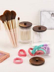 4pcs Set With Bamboo Lid Dispenser Jars, Suitable For Cleaning Swabs, Round Cotton Pads, Floss Picks, 10oz Clear Plastic Apothecary Jars Set, Bathroom Storage Containers, Vanity Cosmetic Organizer Boxes - Multicolor - View 3