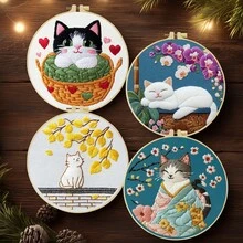 1件 20*20cm/7.9*7.9in 可愛貓咪刺繡套件,DIY手工刺繡套裝,適合成人初學者,居家禮物,女性縫紉禮物,包含使用說明書、印花布料、刺繡框、針與線 - Cute Cat - 查看 3