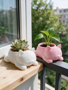 3D Printed Ins Macaron Healing Cat Planter Cartoon Animal Succulent Flower Pot Girl Desktop Makeup Brush Storage Soft Decor Ornament, - Cat - View 6
