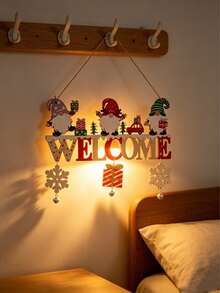 1pc Christmas Wooden Hanging Ornament, Gnome Pattern With Snowflake And Bell Pendant, "WELCOME" Letter Design, Rustic Christmas Tree/Door/Wall/Window Home Decor, Suitable As Christmas Gift - / - View 4