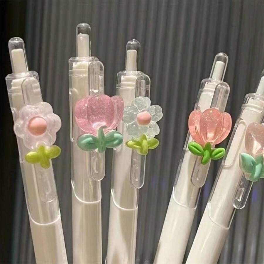 3 Pieces Of Retractable Flower-Pattern Ballpoint Pens, With A Romantic Tulip Design. Quick-Drying Black Ink. 0.5mm Fine Tip. Smooth Writing. Suitable For Keeping Diaries And Sketching. Must-Have For School Start. Random Patterns. - Multicolor - View 1