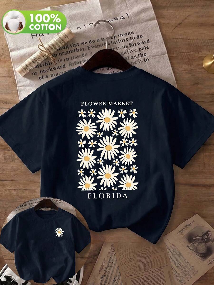 Women's Navy Blue "Florida Flower Market" Daisy Print Cotton Crew Neck Short Sleeve Casual T-Shirt, Spring/Summer/Autumn Vacation - Navy Blue - View 1