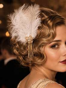 1pc Vintage Gatsby Party Evening Feather Hair Clip Comb, Rhinestone Tassel Decorated Hair Pin, Women's Party Costume Headpiece - FJ2924 - View 1