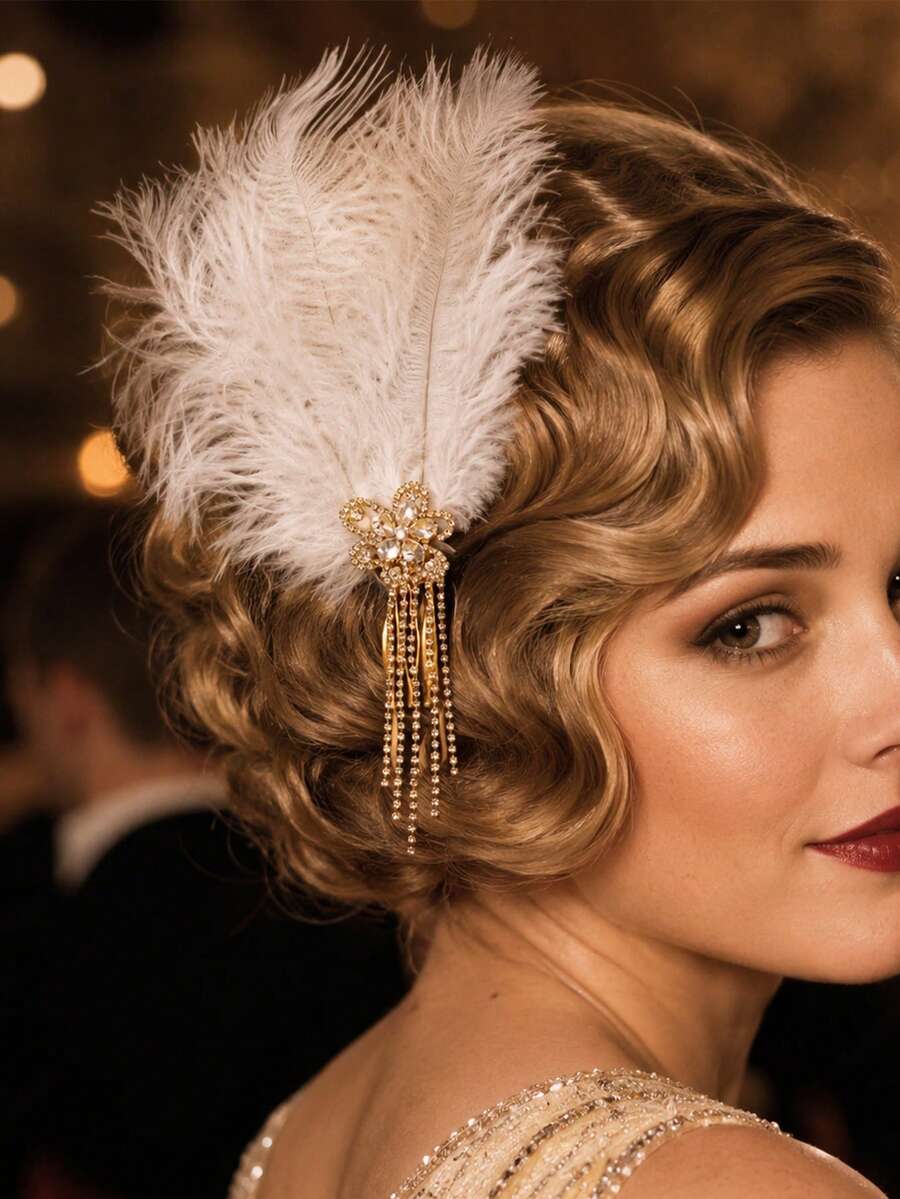 1pc Vintage Gatsby Party Evening Feather Hair Clip Comb, Rhinestone Tassel Decorated Hair Pin, Women's Party Costume Headpiece - FJ2924 - View 1