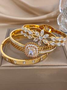 1Pc/Set Luxury Elegant Floral Geometry Diamond Stainless Steel Bangle Bracelet For Women,Party,Daily,Christmas,Birthday Gift/Wedding/Halloween - Multicolor - View 2