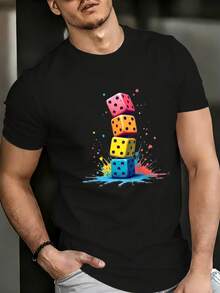 Colorful Dice Patterns Combined With A Paint Splatter Design, A Casual Cotton T-Shirt For All Seasons, Round Neck. - 黑色 - 查看 1