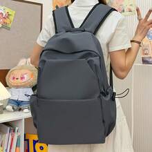 時尚極簡主義後背包 旅行包 學生書包 拉鍊開合 全季節輕量大容量經典款旅行用品 - 灰色 - 查看 10