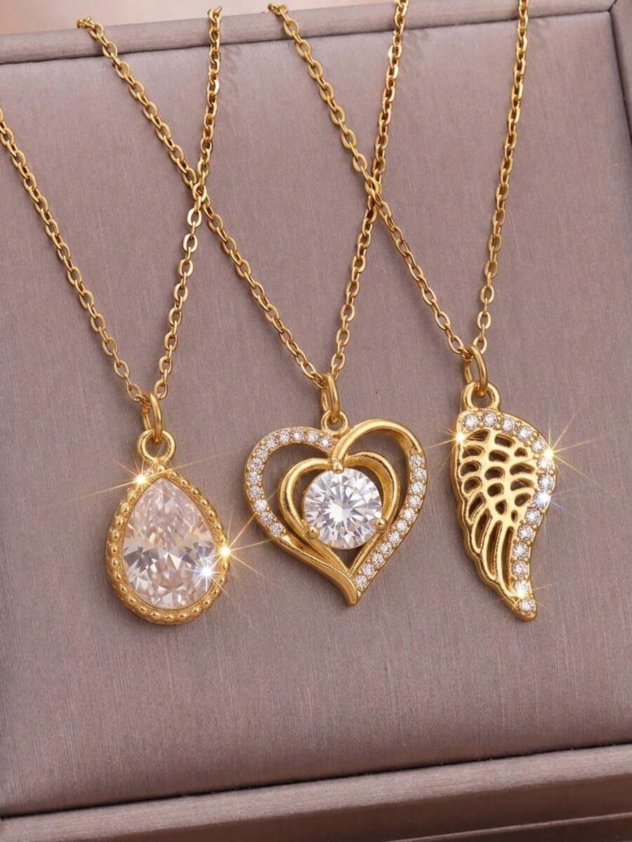1/3Pcs Sparkling CZ Necklace Set, Teardrop Heart Angel Wing Gold Plated ...