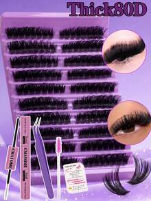 720/666/648/180 Clusters D Curl Single Strand False Eyelashes, Large Capacity, Suitable For Beginners, Long-Lasting Thick And Fluffy, Big Eye Makeup, Classic Realistic Bundled False Eyelashes, Includes Adhesive, Sealer, Tweezers, Brush - Purple - View 14
