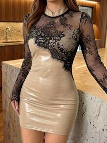 Women's Contrast Lace Stand Collar Long Sleeve Elegant Mini Dress - Multicolor - View 2