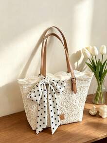 Dedoo Women's Lace Tote Shoulder Bag, Floral Hollow Lace, Polka Dot Bow Decor, Large Capacity, Fresh Pastoral Style, Suitable For Commuting, Shopping, Vacation, Spring/Summer - Multicolor - View 5