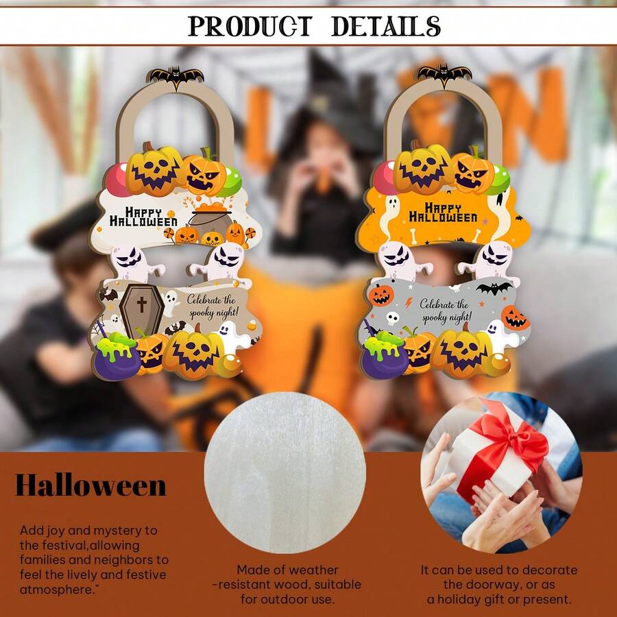 2件裝萬聖節掛飾-南瓜與蝙蝠圖案搭配「Happy Halloween」標語,適用於各種節日門飾,如聖誕節、感恩節、萬聖節裝飾,聖誕裝飾 - 2pcs - 查看 1