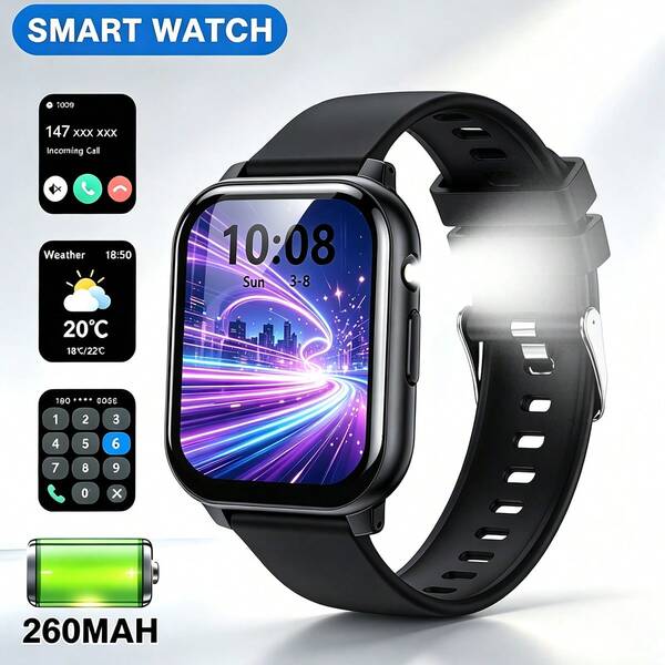 ZhiKexing 1,83-Zoll HD-Display Smart Sports Watch, Taschenlampe, 260mAh Akku, kabellose Anrufe, mehrere Sportmodi, Sitzwarnung und mehr, geeignet als Geschenk für Freunde und Paare, kompatibel mit Android und iOS