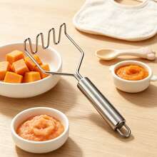 Manual Stainless Steel Potato Masher, Wavy Pressing Structure, Smooth And Fine Texture, Reduces Clumping. Smooth Stainless Steel Surface, Easy To Clean With Water. Ergonomic Cylindrical Handle, Comfortable For Long-Term Use, Hanging Hole For Storage. Suitable For Making Baby Food, Mashed Potatoes, Yam Puree, Fruit Puree, Daily Kitchen Cooking, Western Baking, Compact And Practical Kitchen Tool. - Silver - View 3