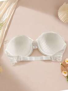 Women's Strapless Front Closure Lace Push-Up Underwire Bra, Backless Non-Slip Bandeau Lingerie, Heart-Shaped Cup Panty Set - White - View 8