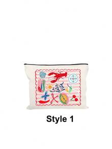 White Canvas Shoulder Bag And Makeup Bag Set With Striped Lobster Pattern, Casual Cute Handbag For Women And Girls Daily Commute, Shopping, Travel, Multi-Functional Cosmetic Storage Bag, Portable Toiletry Bag, Perfect Gift For Friends, Moms, Teens, Back To School, Independence Day, Birthday, Teacher's Day - Multicolor - View 13