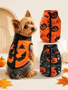 1pc Halloween Orange Pumpkin & Funny Face Print Pet Coat Jacket Holiday Party Outfit Fo Dogs Cats Autumn/Winter Warm Pet Apparel Clothes Suitable For Medium & Small Dogs - Multicolor - View 1