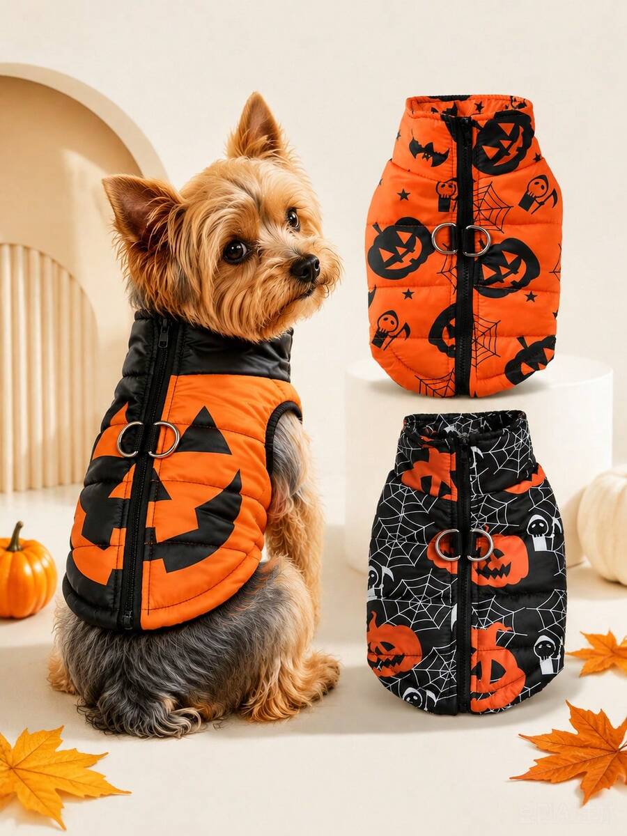 1pc Halloween Orange Pumpkin & Funny Face Print Pet Coat Jacket Holiday Party Outfit Fo Dogs Cats Autumn/Winter Warm Pet Apparel Clothes Suitable For Medium & Small Dogs - Multicolor - View 1