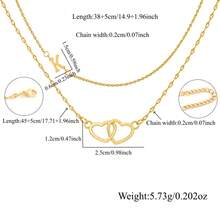 2件組新款時尚字母與雙心吊墜金色不鏽鋼唇鏈層次項鍊，適合女性 - 金黃色 - 查看 2