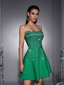 Bernatova Women Sexy Sweetheart Strapless Mini Bandage Dress With Handmade Rhinestone Decor , Celebrity Short Charming Sweety Club Dress Party Wedding - Green - View 3