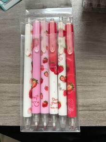 Sweet Strawberry Theme Retractable Neutral Pens, 6 Fresh Fruit Print Pen Barrels, 0.5mm Needle Tip, Quick-Dry Black Ink, Soft Pink Color Scheme, Student Study, Journaling, Girly Style Writing Stationery - Multiple Styles - View 8