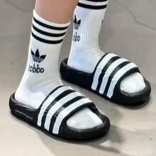 Adidas Three-Leaf Clover Men's And Women's Summer New Comfortable Sports Casual Three-Stripe Slide Sandals Beach Slippers - Black and White - View 2