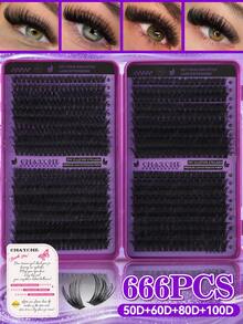 720/666/648/180 Clusters D Curl Single Strand False Eyelashes, Large Capacity, Suitable For Beginners, Long-Lasting Thick And Fluffy, Big Eye Makeup, Classic Realistic Bundled False Eyelashes, Includes Adhesive, Sealer, Tweezers, Brush - Purple - View 15