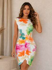 ChicMe Sexy Women's Watercolor Floral Print Short Dress, Boat Neck Sleeveless Ruched Bodycon Party Evening Dress - White - View 9