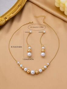 1 Set Minimalist Fashion Snake Chain With Faux Pearl And CCB Spacer Beads Necklace And Earrings Set, Elegant Women's Contrast Color Beaded Necklace And Earrings Set, Suitable For Daily Wear, Dating, Afternoon Tea, Party And Other Occasions - Beaded Necklace and Earrings Set - View 4