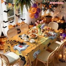 1/2pcs Halloween Tablecloth, Halloween Theme Polyester Tablecloth Cartoon Ghost Pumpkin Spider Web Orange Background Suitable For Dining Room Kitchen Coffee Table Dining Table Picnic Camping Country Farmhouse Decoration Holiday Tabletop Protection - Multicolor - View 2