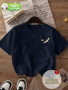 Women's Navy Blue Crane & Wave Embroidery Cotton Casual Round Neck Short Sleeve Top, Suitable For Spring, Summer And Autumn - Navy Blue - View 3