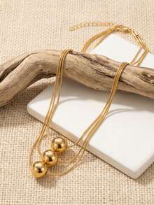 1pc Fashionable Exquisite 3-Layer Flat Snake Chain Ball Layered Collarbone Necklace, Suitable For Women's Daily Wear, Holiday Gift And Birthday Gift - Golden - Round Snake Chain - View 4