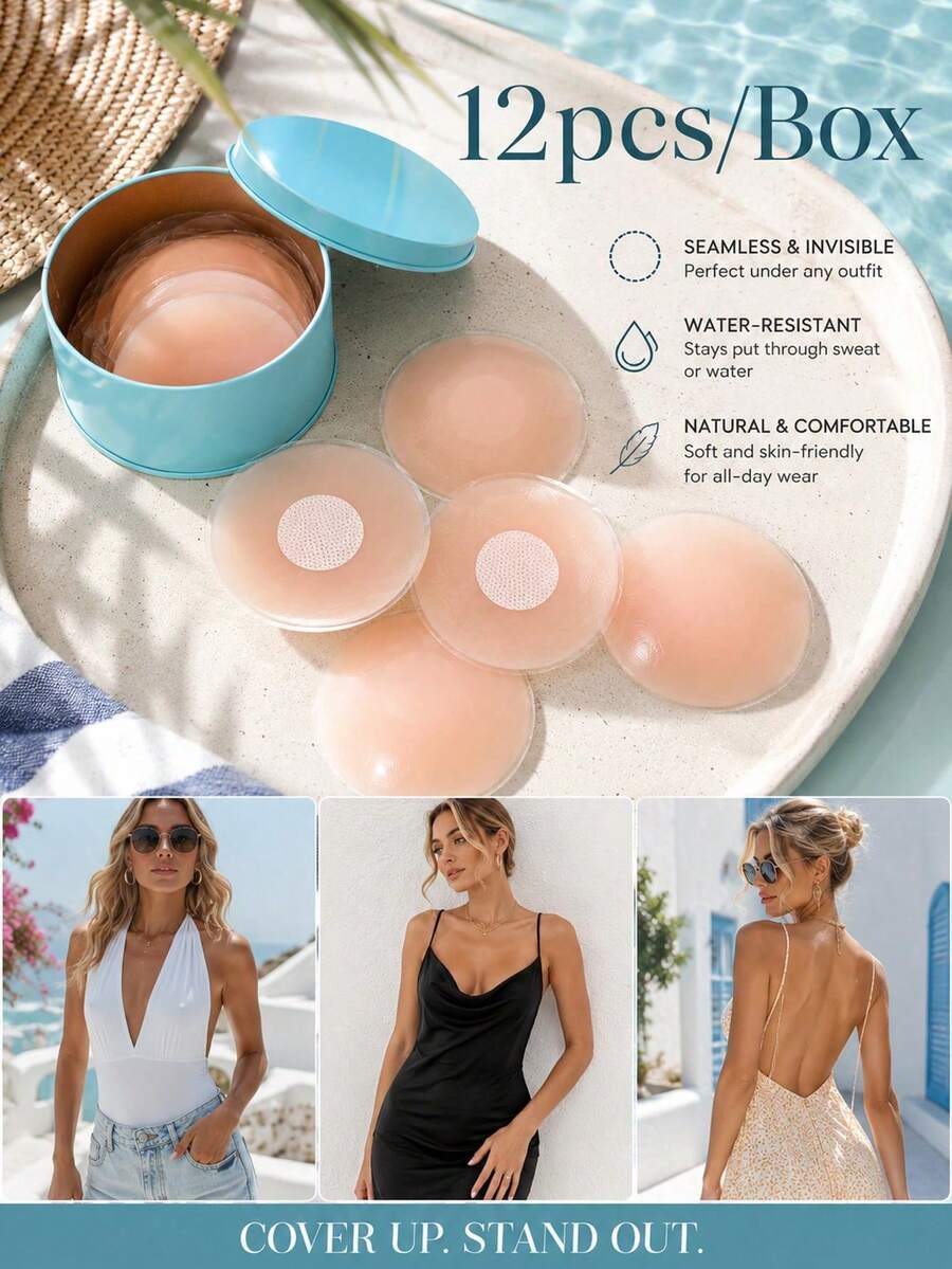 12pcs Reusable Silicone Nipple Covers, Seamless Invisible Adhesive Breast Pads, Suitable For Backless Dresses, White Tops And Summer Outfits - Pink - View 1