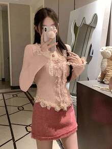 女款法式蕾絲飾邊修身長袖開襟針織衫，秋冬款，甜美風格，適合日常穿著與約會，長袖上衣 - 粉色 - 查看 5