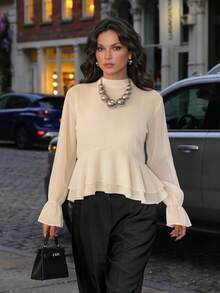 Stand Collar Flared Sleeve Ruffle Hem Crop Top, Elegant Solid Color Layered Ruffle Short Blouse - Apricot - View 6