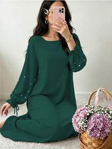 Elegant Double Layer Khimari Long Robe, Pearl Decorated Drawstring Sleeves, Loose Fit Modest Long Dress, Suitable For Middle Eastern Women - Multicolor - View 30