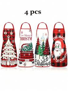 4pcs/2pcs Christmas Plaid Pattern Apron Set, Red Green Buffalo Check Xmas Truck & Reindeer Print Kitchen Cooking Baking Aprons For Holiday Party Decoration - Multicolor - View 15