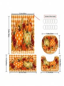 1/3/4pcs Orange & White Plaid Pumpkin Red Maple Autumn Leaf Pattern Bathroom Shower Curtain Set, Cute & Playful Style, 72*72 Inches, Waterproof Shower Curtain Bathroom Accessories - Includes 12 Plastic Hooks - Includes Toilet Lid Cover, U-Shaped Non-Slip Bath Mat And Soft Plush Rug - Washable, Mildew-Resistant - Perfect For Halloween / Thanksgiving Holiday Decor, Home Decor, Room Decor, Back To School Gift. Exquisite Housewarming Gift - A - View 8
