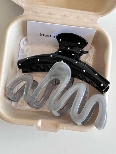 2 piezas Pinza para el cabello de mujer con lunares negros y pinza para el cabello de onda grande gris, accesorio para el cabello de moda, versátil, elegante y minimalista, adecuado para uso diario, casual, fiesta, playa, vacaciones, diseño de peinado, lavado de cara/cabello, maquillaje, accesorio de ropa, pinza para el cabello de primavera, pinza para el cabello de verano, pinza para el cabello de otoño, pinza para el cabello de invierno