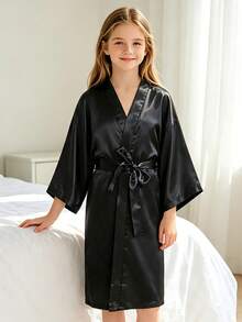 Young Girl Black Mid-Sleeve Long Robe - Multicolor - View 6