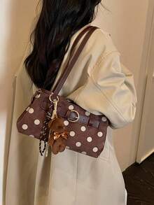 SIMUTINE 1pc Women's Vintage Versatile Classic Baguette Underarm Bag, Featuring Polka Dot Print And Leather Strap With Metal Buckle Decor, Fashionable Niche Atmosphere, Delicate Canvas Fabric, Zipper Closure, Suitable For Young Women's Spring/Autumn Commute, Date, Shopping, Daily Casual Wear (Pendant Not Included) - Coffee - View 6